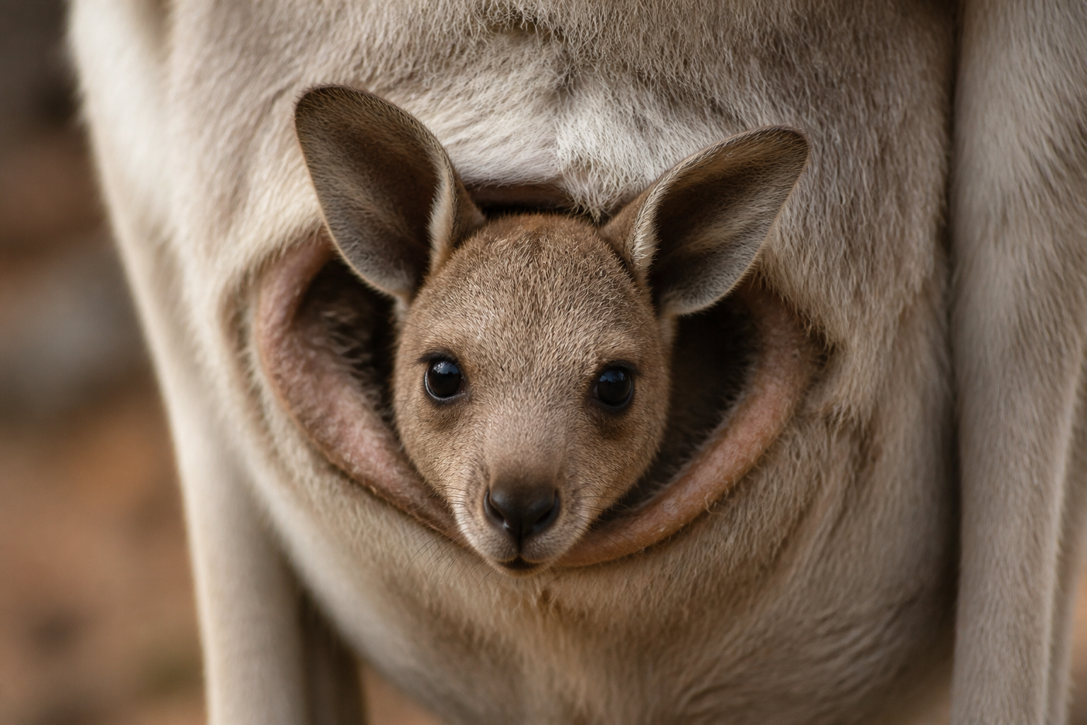 This tiny face belongs to a baby kangaroo called a joey.