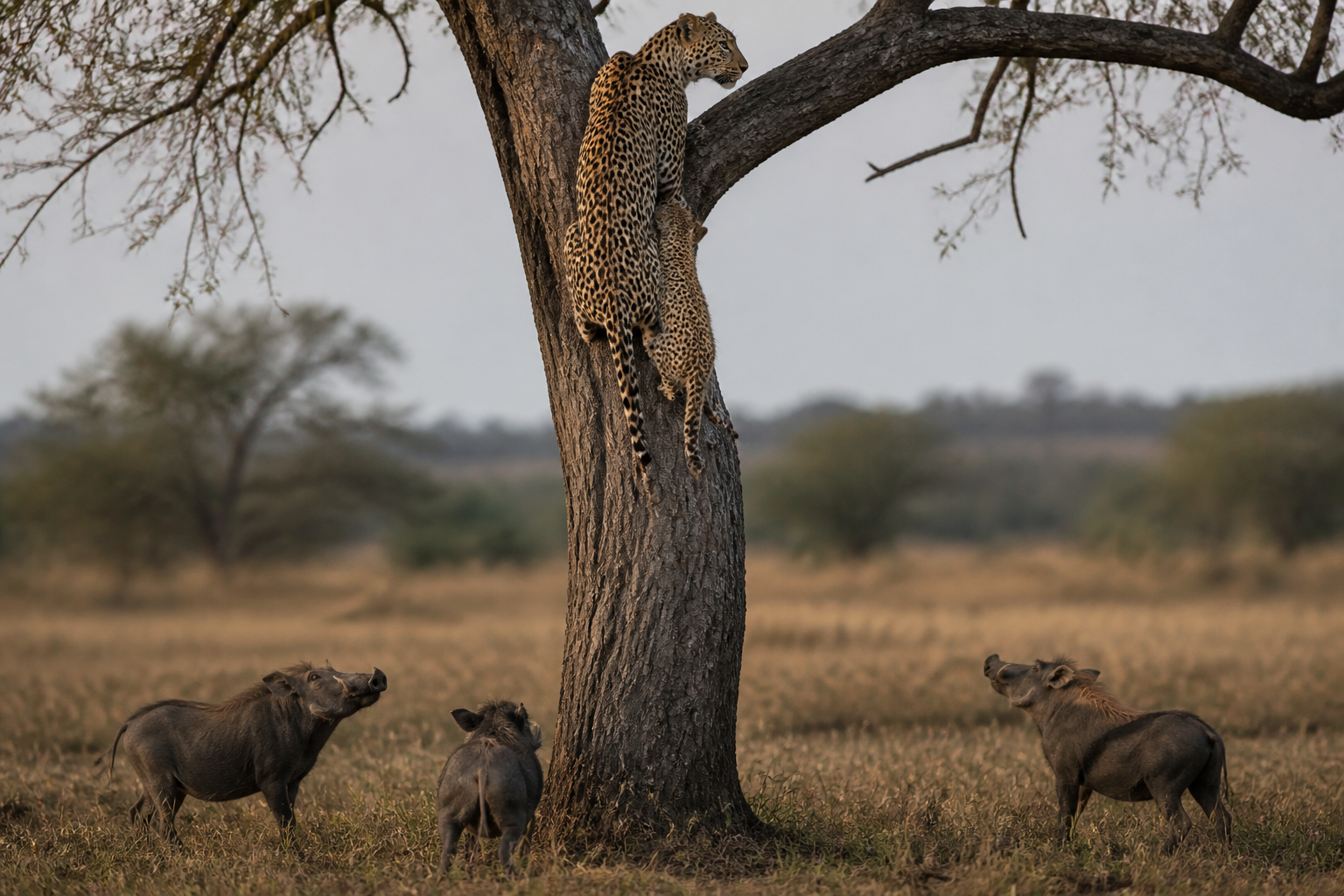 Leopards steal warthogs from trees